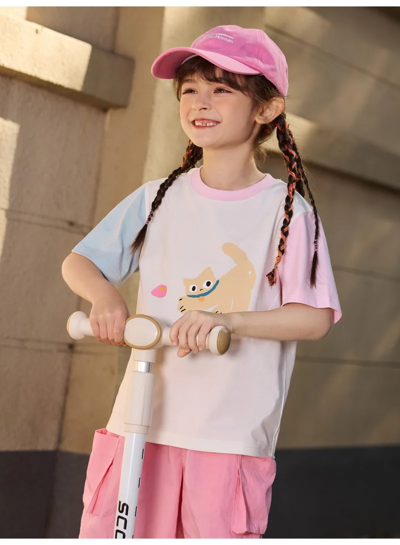 mini bala Unisex Kid Premium Soft Color - Block Short - Sleeve T - Shirt, Breathable, Comfortable, Cartoon Cat Print Detail, Playful, Versatile for Daily Wear, Playdates Children's Casual Essential Top