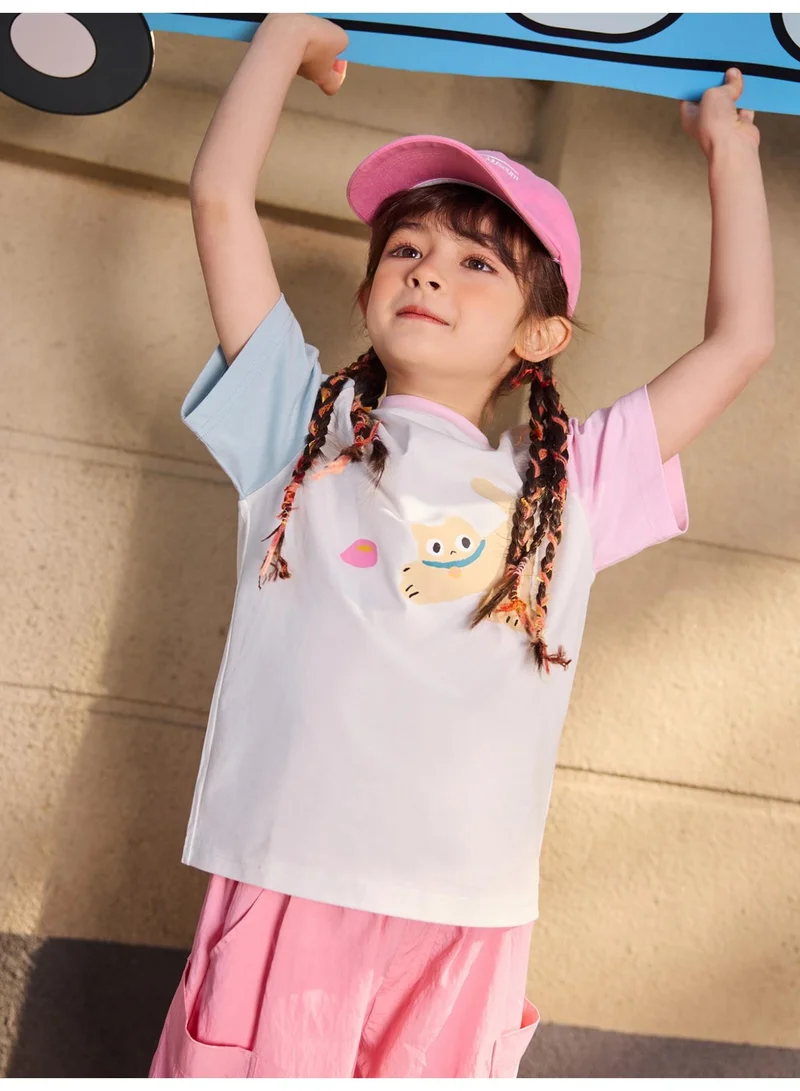 mini bala Unisex Kid Premium Soft Color - Block Short - Sleeve T - Shirt, Breathable, Comfortable, Cartoon Cat Print Detail, Playful, Versatile for Daily Wear, Playdates Children's Casual Essential Top