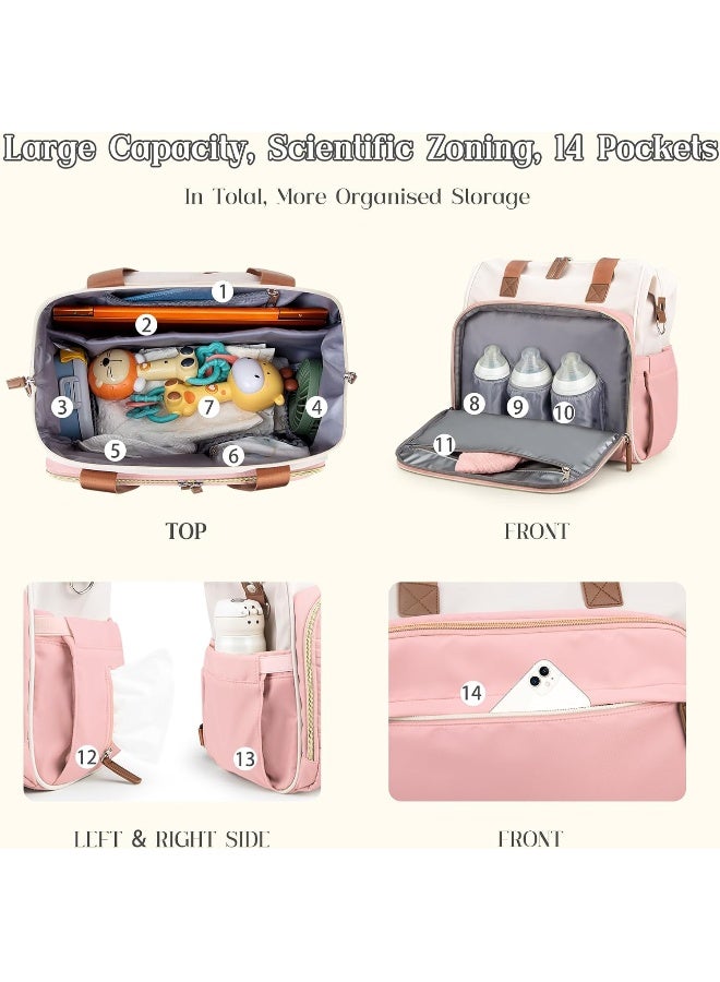 Pripher 4 in 1 Diaper Bag Backpack, Mommy Bag for Baby, Travel Converts into Backpack With Shoulder Straps, Large Capacity Tote for Hospital Pink  Beige - Image 4