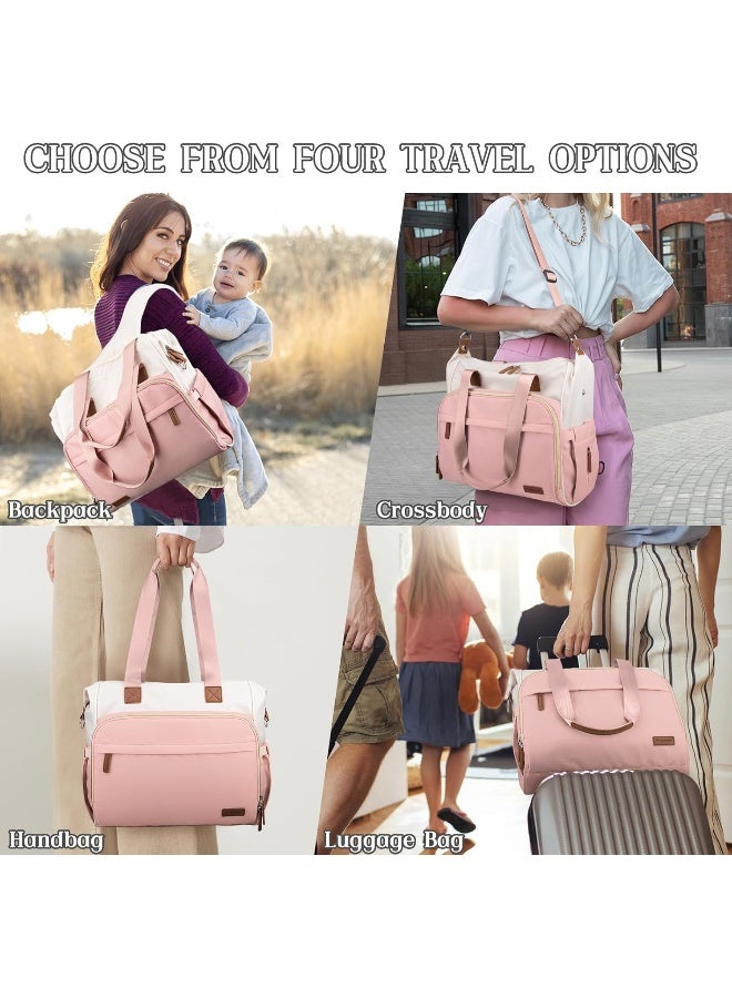 Pripher 4 in 1 Diaper Bag Backpack, Mommy Bag for Baby, Travel Converts into Backpack With Shoulder Straps, Large Capacity Tote for Hospital Pink  Beige - Image 2