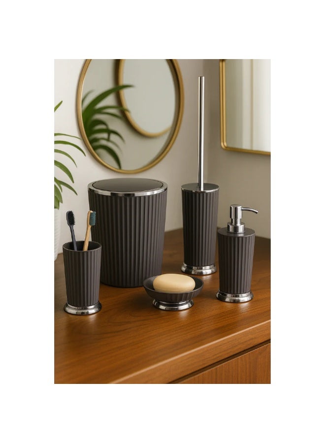 Primanova Bathroom Accessory Set 5-Piece Acrylic with Chrome Finish – Waste Bin 5 Liter, Toilet Brush, Soap Dispenser, Tumbler & Soap Dish (Gray) - Image 2