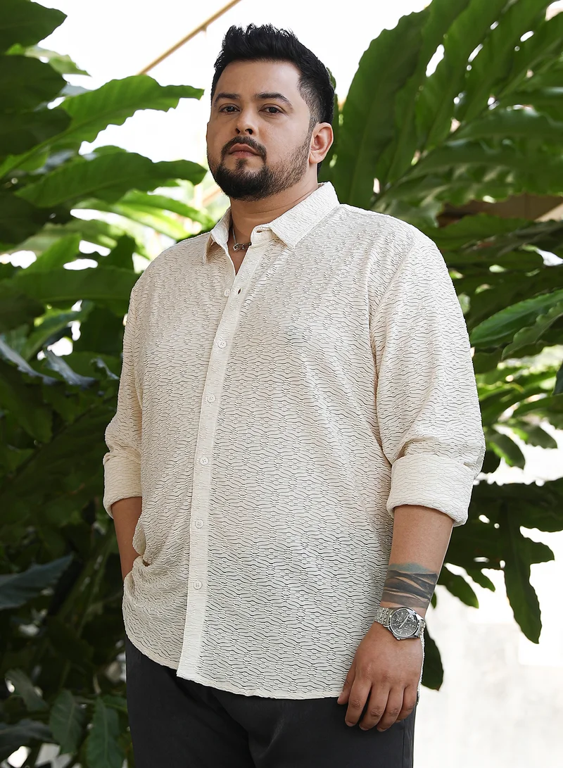 Instafab Plus  Instafab Plus Men's Off-White Dunes-Tactile Shirt For Casual Wear | Spread Collar | Long Cuffed Sleeves | Button Closure | Plus Size Shirt Crafted With Comfort Fit For Everyday Wear for Men | Best Price UAE