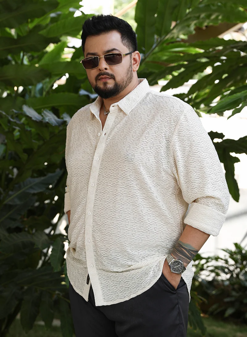 Instafab Plus Instafab Plus Men's Off-White Dunes-Tactile Shirt For Casual Wear | Spread Collar | Long Cuffed Sleeves | Button Closure | Plus Size Shirt Crafted With Comfort Fit For Everyday Wear