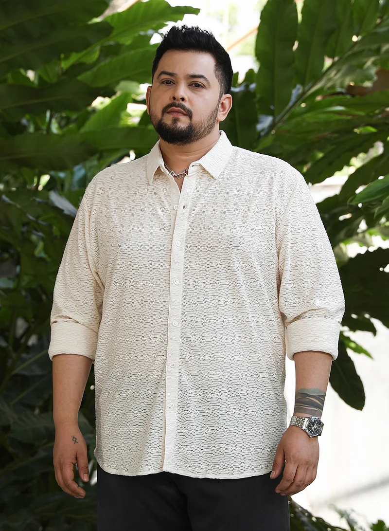Instafab Plus Instafab Plus Men's Off-White Dunes-Tactile Shirt For Casual Wear | Spread Collar | Long Cuffed Sleeves | Button Closure | Plus Size Shirt Crafted With Comfort Fit For Everyday Wear