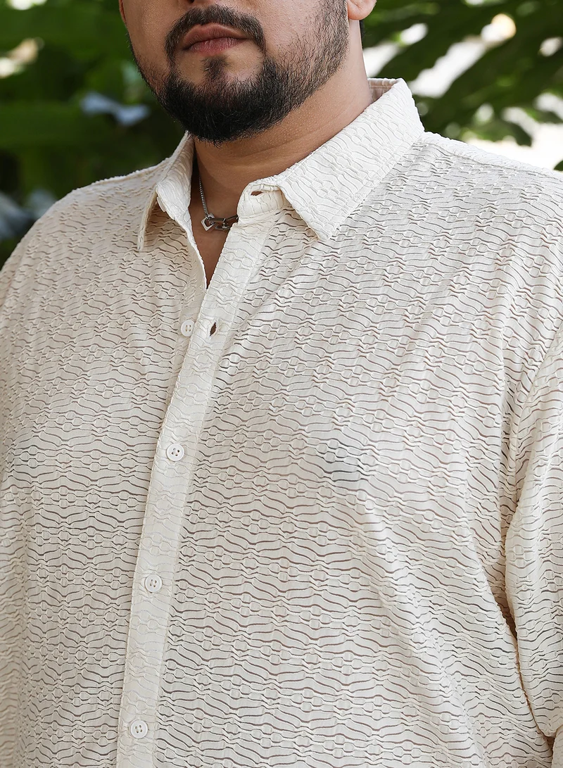 Instafab Plus  Instafab Plus Men's Off-White Dunes-Tactile Shirt For Casual Wear | Spread Collar | Long Cuffed Sleeves | Button Closure | Plus Size Shirt Crafted With Comfort Fit For Everyday Wear for Men | Best Price UAE