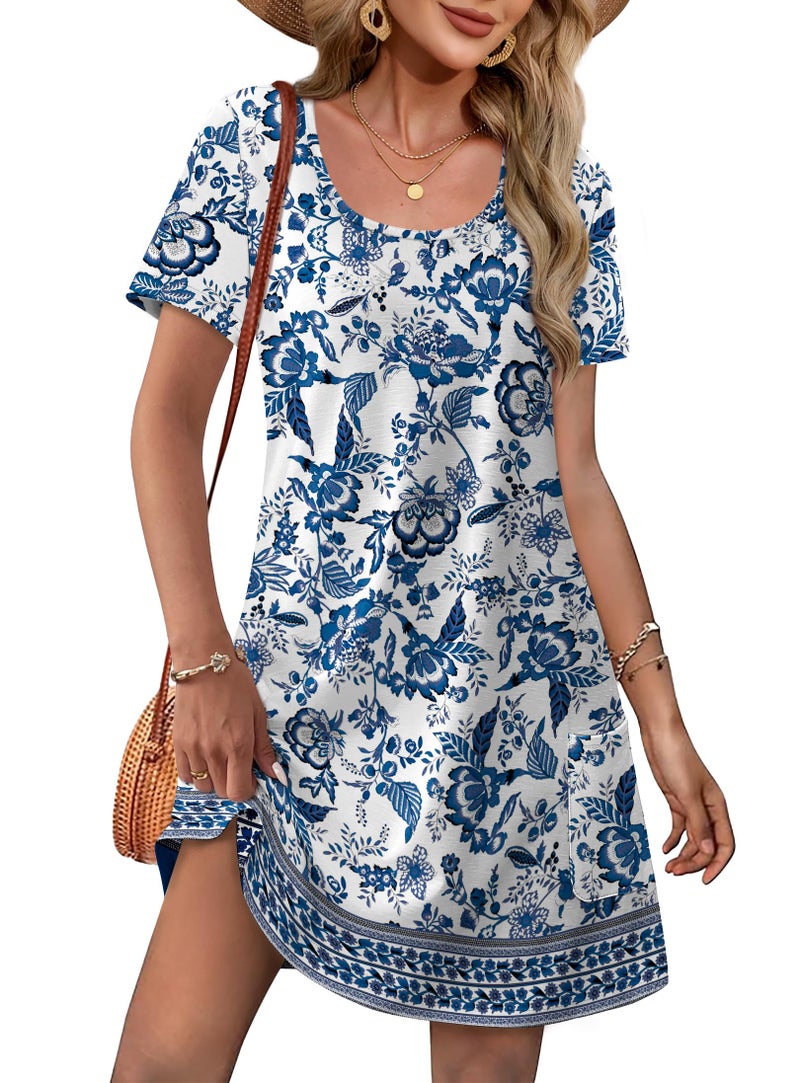 OFEEFAN Summer Flower Dresses for Women 2026 Loose U Neck Coverup Beach Vacation Tshirts Spring Dress with Pockets Casual Sundresses with Pockets Floral 08 M - Image 1