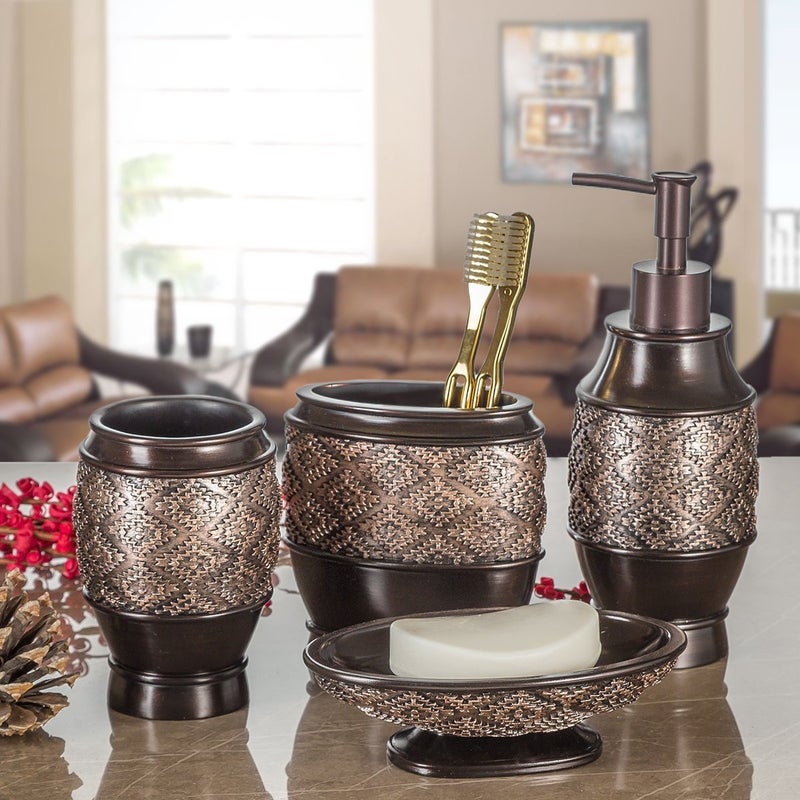 Creative Scents Brown Bathroom Accessories Set Complete - 4 Pc. Bathroom Sets Accessories, Luxury Bronze Bathroom Accessory Set - Soap Dispenser, Soap Dish, Tumbler & Toothbrush Holder Set (Dublin) - Image 2