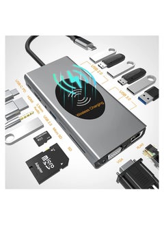 USB C Hub for MacBook Air/Pro,15 in 1 Multiport Adapter,Dongle with Wireless Charger,4K HDMI,Ethernet,VGA,100W PD,3 USB 3.0,4 USB 2.0,SD/TF Card Reader 3.5mm Audio Jack for Type C Laptop
