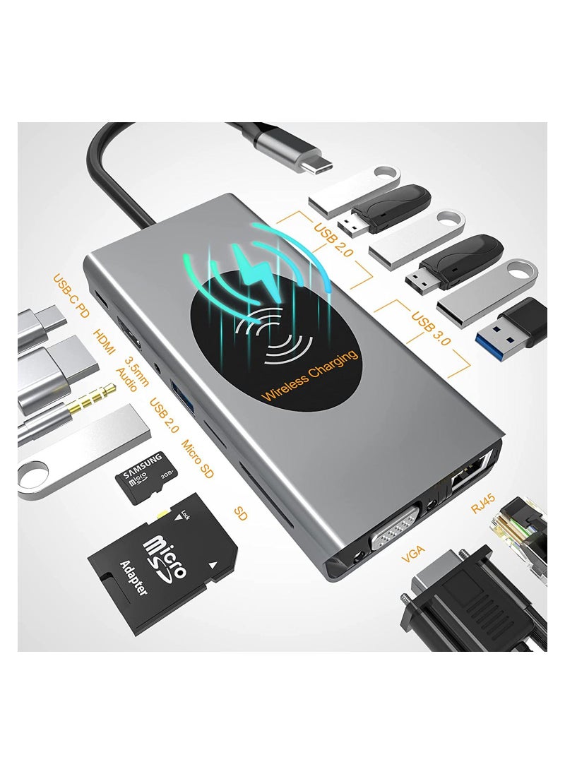 Generic - USB C Hub for MacBook Air/Pro,15 in 1 Multiport Adapter,Dongle with Wireless Charger,4K HDMI,Ethernet,VGA,100W PD,3 USB 3.0,4 USB 2.0,SD/TF Card Reader 3.5mm Audio Jack for Type C Laptop - Image 1