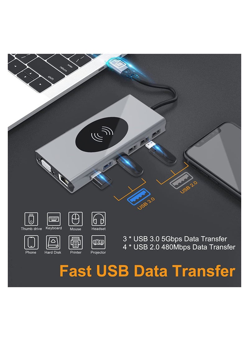 Generic - USB C Hub for MacBook Air/Pro,15 in 1 Multiport Adapter,Dongle with Wireless Charger,4K HDMI,Ethernet,VGA,100W PD,3 USB 3.0,4 USB 2.0,SD/TF Card Reader 3.5mm Audio Jack for Type C Laptop - Image 1