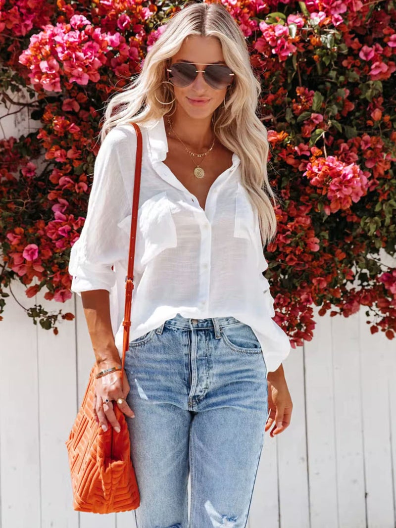 Breezy Lane White Button Down Shirt Coverup for Women Beach Cover Up Swimsuit Coverups for Vacation Outfits Summer Blouse for Women - Image 3
