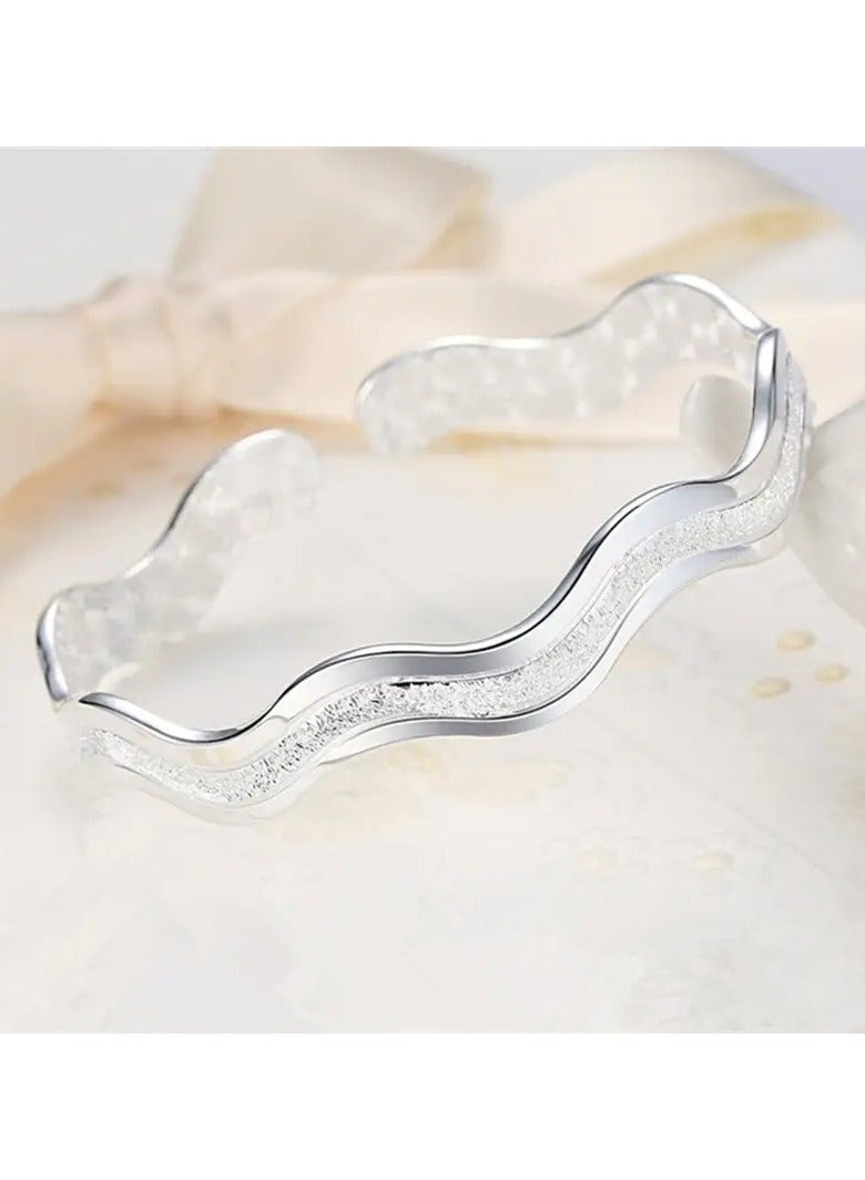 Goolsky Luxury Wavy Open Bangle Bracelet for Women - Frosted Metal Double Line Interwoven Water Ripple Design, Modern Elegant Jewelry for Casual & Formal Wear  - Image 1