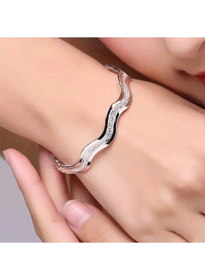 Goolsky Luxury Wavy Open Bangle Bracelet for Women - Frosted Metal Double Line Interwoven Water Ripple Design, Modern Elegant Jewelry for Casual & Formal Wear  - Image 3
