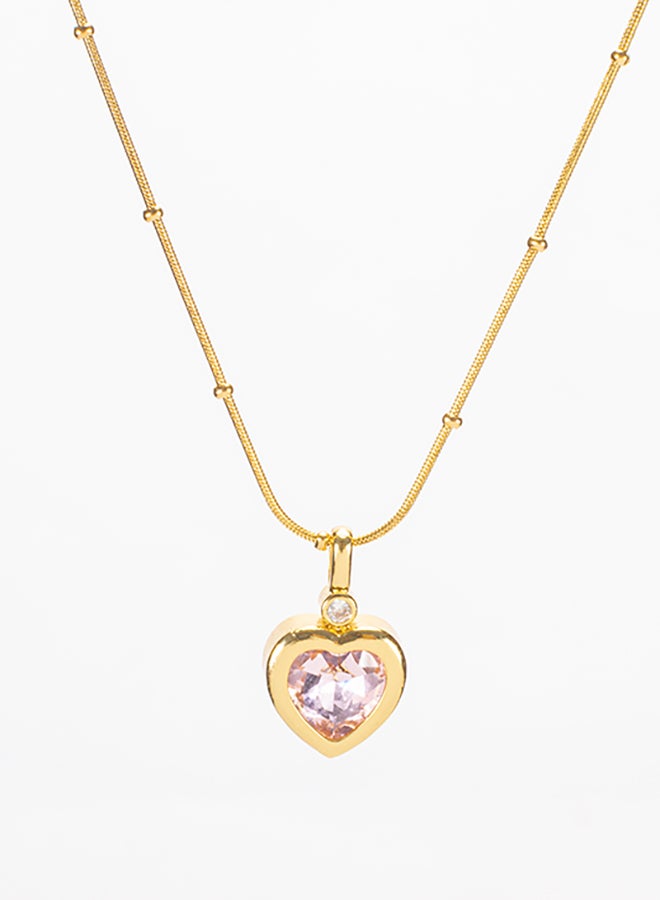 The Black Pearl Accessories Stainless Steel Golden Necklace with a Crystal Pink Heart Pendant - Image 1