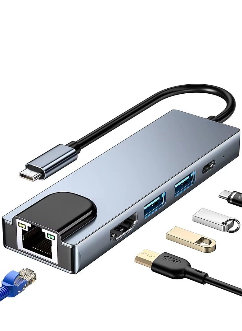 Bajeal Silver-gray Type C 5-in-1 5-port USB 3.0 Hub, Supporting HDTV and LAN Connections - Image 5