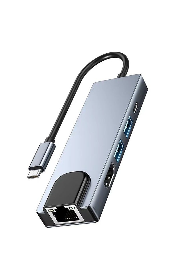 Bajeal Silver-gray Type C 5-in-1 5-port USB 3.0 Hub, Supporting HDTV and LAN Connections - Image 1