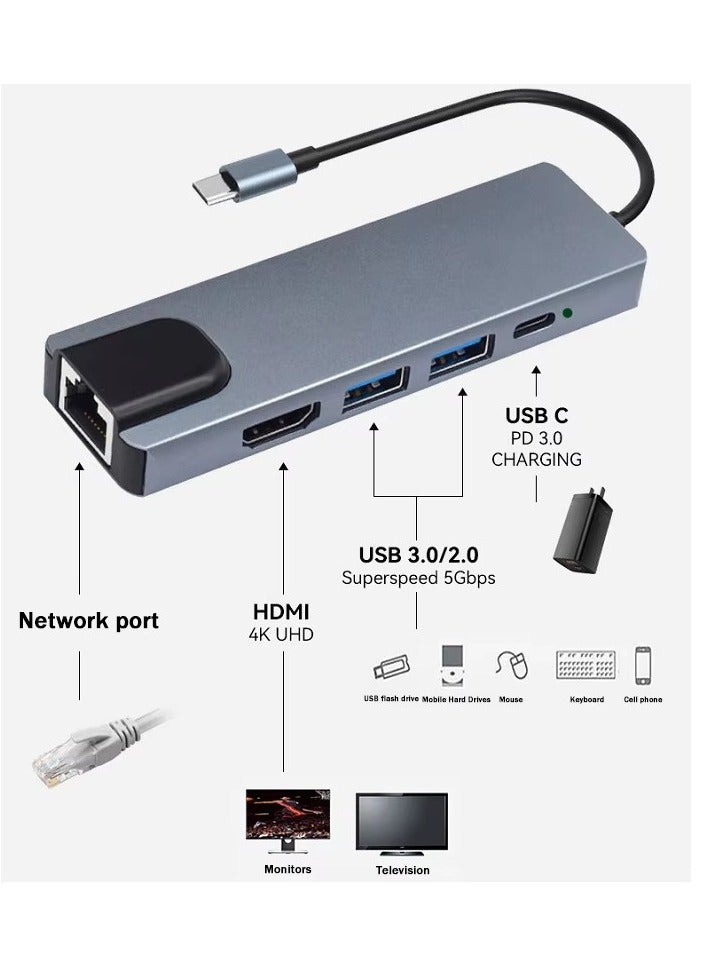 Bajeal Silver-gray Type C 5-in-1 5-port USB 3.0 Hub, Supporting HDTV and LAN Connections - Image 4