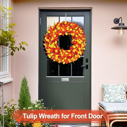Zmtyykh Tulip Wreath Spring Wreaths for Front Door Zmtyykh Artificial Floral Door Wreath for Valentine’s Day Easter Summer Decor for Outdoor Indoor Window Wall Front Porch Farmhouse Home 22" Red Orange Yellow - Image 5