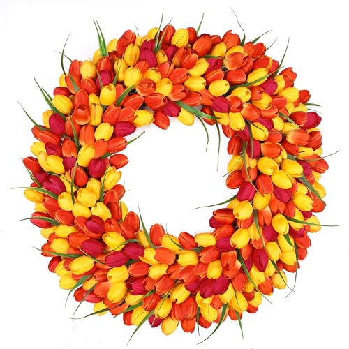 Zmtyykh Tulip Wreath Spring Wreaths for Front Door Zmtyykh Artificial Floral Door Wreath for Valentine’s Day Easter Summer Decor for Outdoor Indoor Window Wall Front Porch Farmhouse Home 22" Red Orange Yellow - Image 1