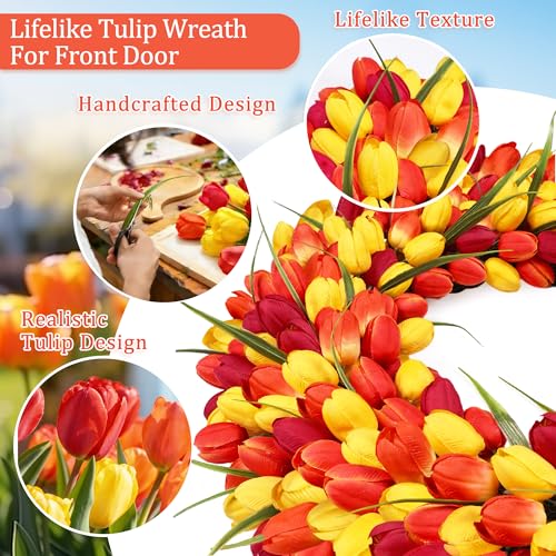 Zmtyykh Tulip Wreath Spring Wreaths for Front Door Zmtyykh Artificial Floral Door Wreath for Valentine’s Day Easter Summer Decor for Outdoor Indoor Window Wall Front Porch Farmhouse Home 22" Red Orange Yellow - Image 2