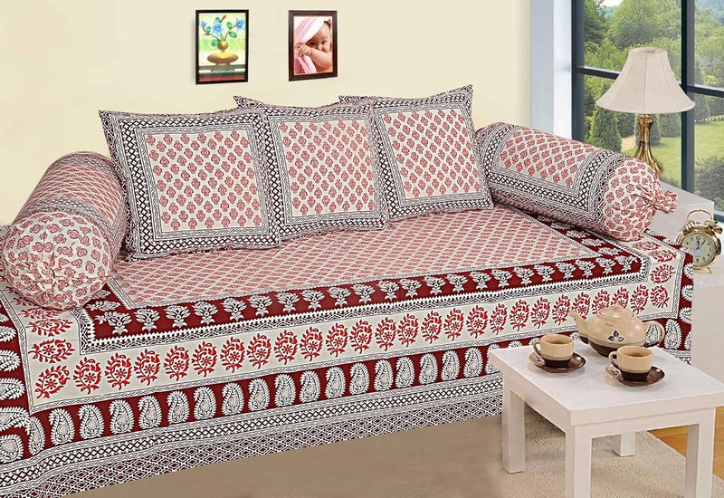 Texstylers Traditional Cotton Floral Jaipuri Print Diwan Cover Set Maroon_Standard Set of 6 Pcs - Image 1