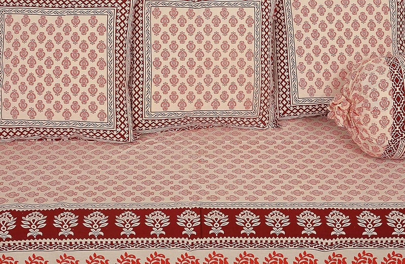 Texstylers Traditional Cotton Floral Jaipuri Print Diwan Cover Set Maroon_Standard Set of 6 Pcs - Image 2