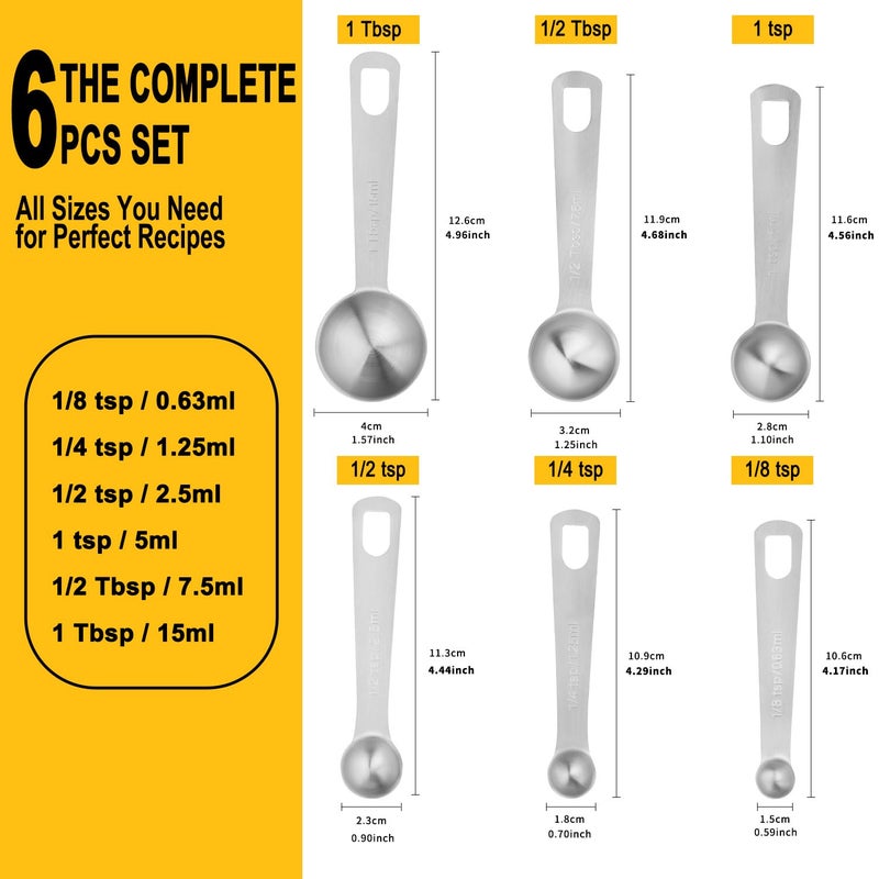 JETONN Stainless Steel Measuring Spoons Set, 6 Piece Metal Measuring Spoon Set for Dry & Liquid Ingredients, Heavy Duty 18/8 Steel with Engraved US & Metric Marks, Nesting Kitchen Spoons for Cooking Baking - Image 2