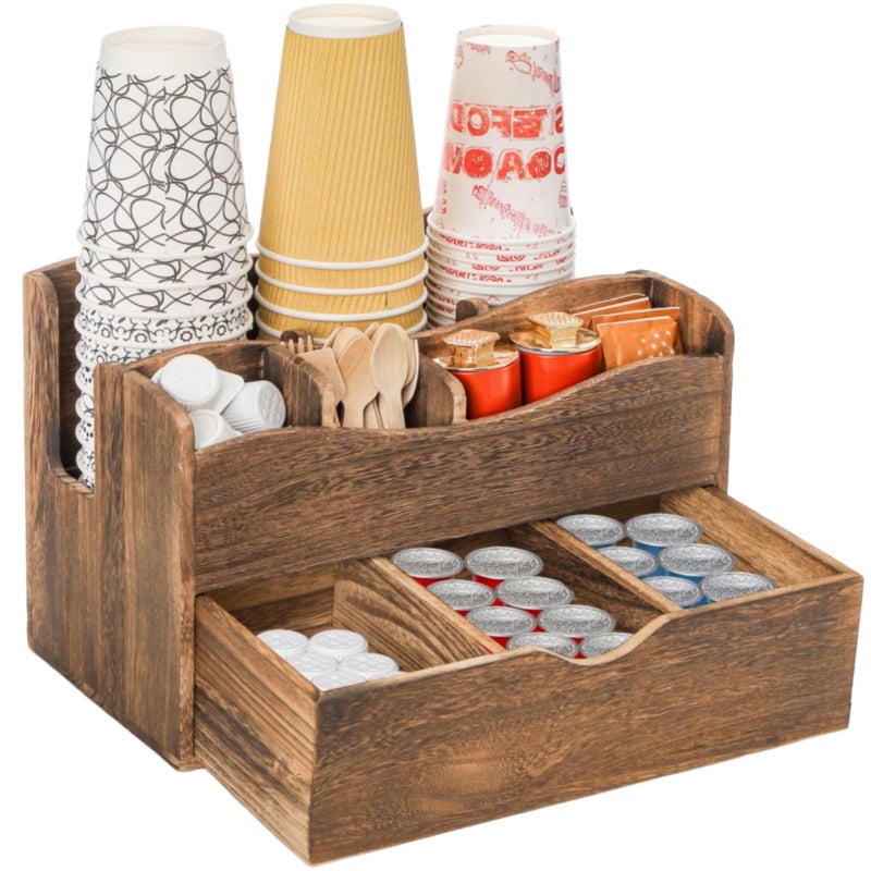 Acshio Coffee Station Organizer, Wood Countertop Coffee Pods Holder Storage Basket with Drawers, Coffee Condiment Accessories Caddy Organizer for Coffee Pods, Syrup, Cups, Stirrers - Image 1