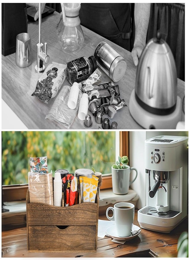 Acshio Coffee Station Organizer, Wood Countertop Coffee Pods Holder Storage Basket with Drawers, Coffee Condiment Accessories Caddy Organizer for Coffee Pods, Syrup, Cups, Stirrers - Image 4