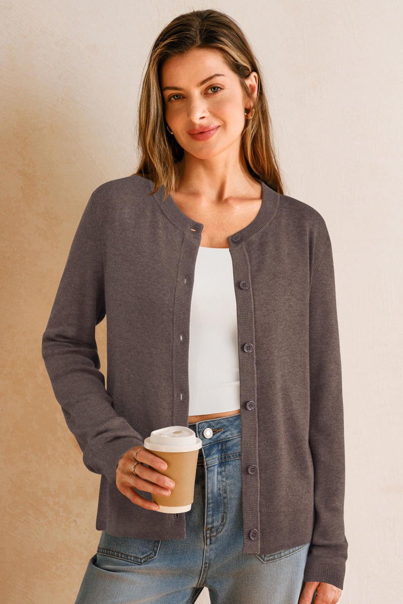 Arach&Cloz Womens Cardigan Sweaters 2026 Business Casual Soft Knit Long Sleeve Crew Neck Button Down Lightweight Cropped Fashion Outfits Summer Spring Capsule Wardrobe Tops Coffee L - Image 2