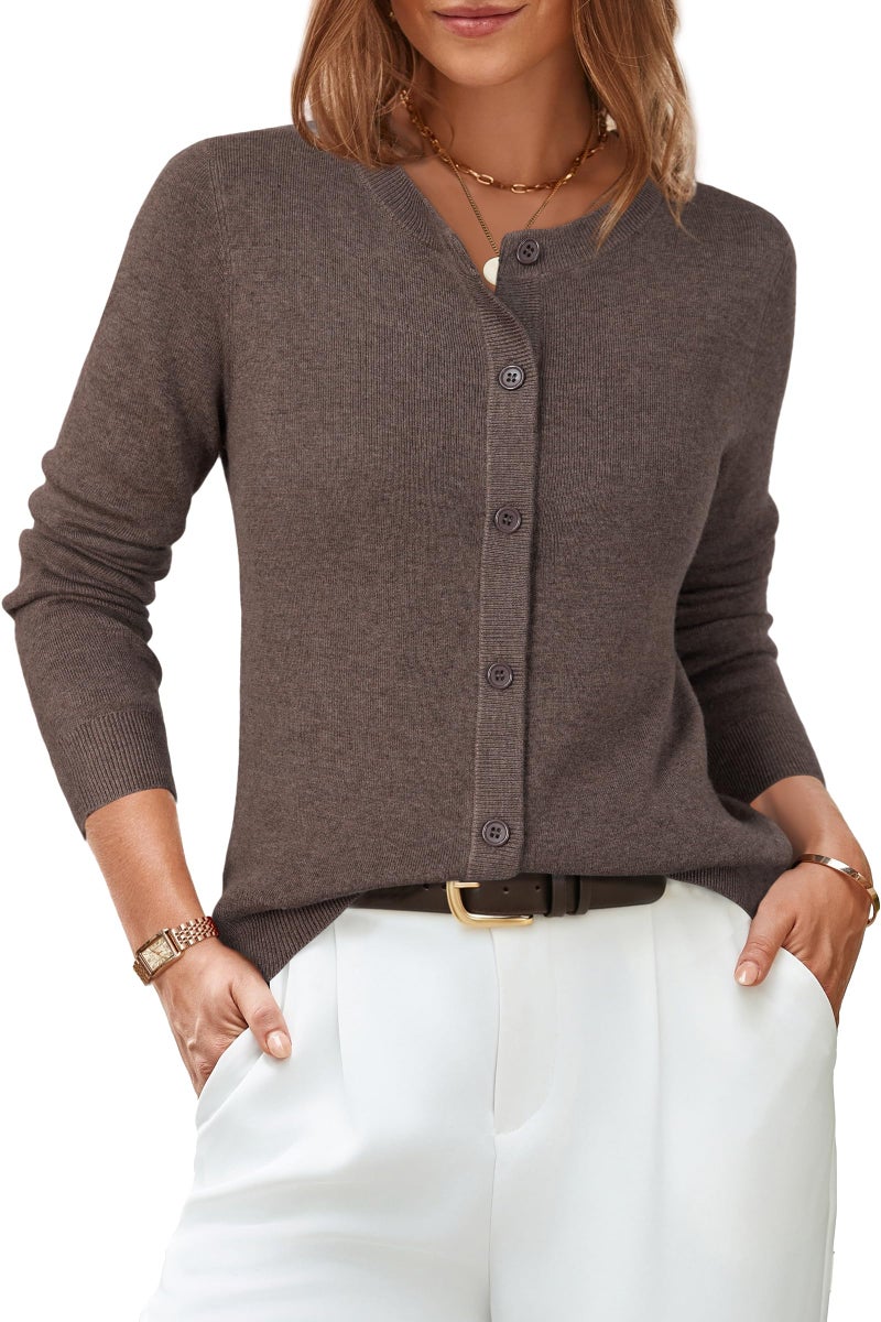 Arach&Cloz Womens Cardigan Sweaters 2026 Business Casual Soft Knit Long Sleeve Crew Neck Button Down Lightweight Cropped Fashion Outfits Summer Spring Capsule Wardrobe Tops Coffee L - Image 1