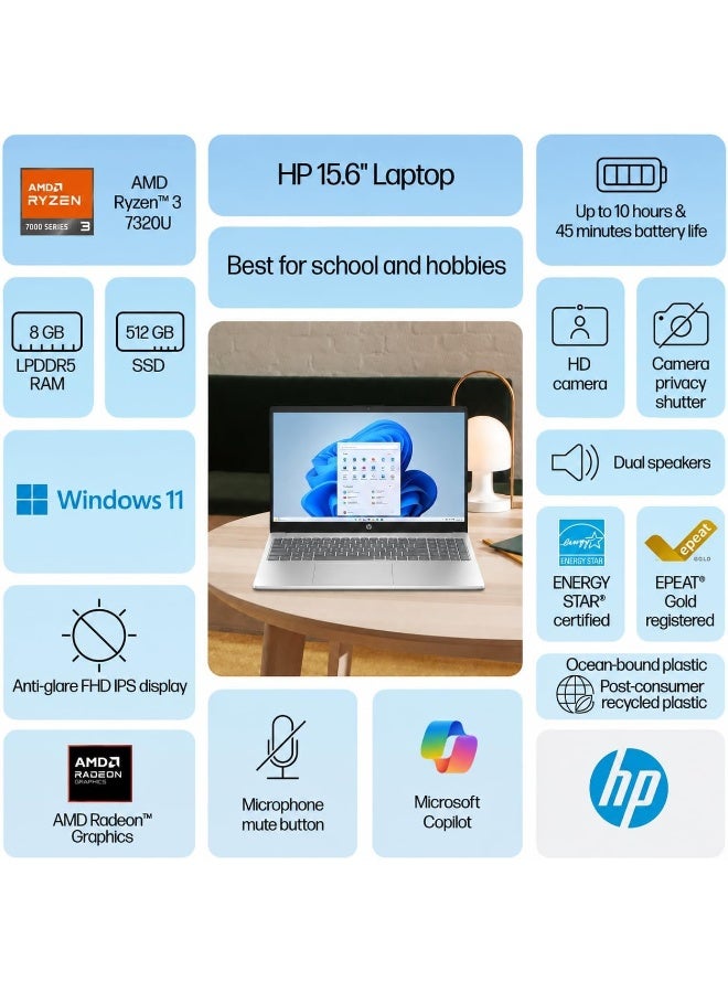 HP 15.6-inch Laptop, AMD Ryzen 3 7320U Processor, 8GB LPDDR5 RAM, 512GB SSD, AMD Radeon Graphics, FHD IPS Display, Wi-Fi 6, Bluetooth, Numeric Keypad, Silver, Windows 11 English Natural Silver - Image 2