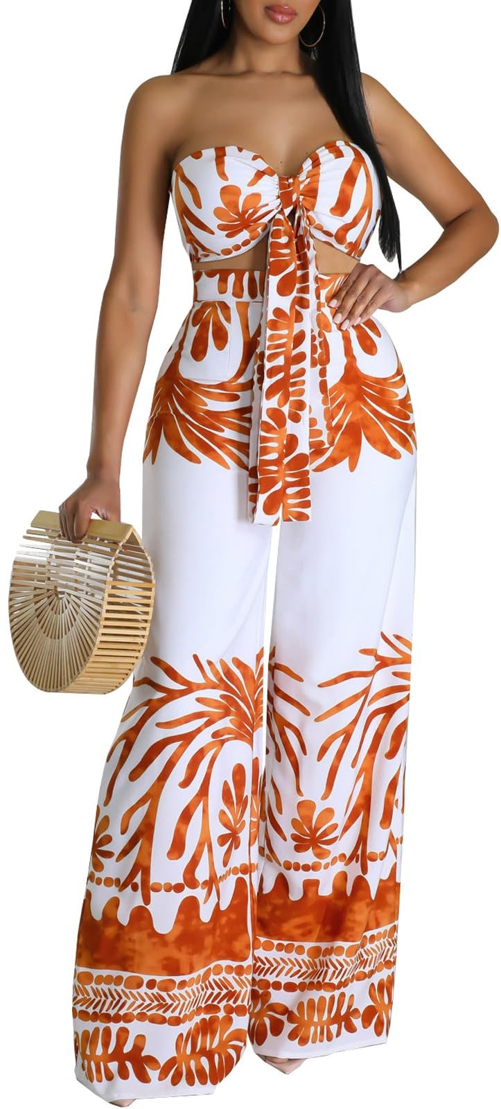 sexycherry Women's Sexy 2 Piece Swimwear Cover Ups Summer Elegant Sleeveless Tie Front Strapless Tube Crop Top with Bandage Tropical Print Straight Long Pants Sets Boho for Beach Party(Small) Orange - Image 1