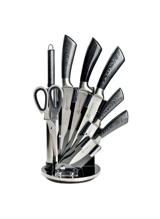EDENBERG 8 Pcs Knife Set | Knife Set With Roating Stand | Carbon Stainless Steel Kitchen Knife Set with Sharpener- 8 Pieces, Silver-Black Color - Image 1