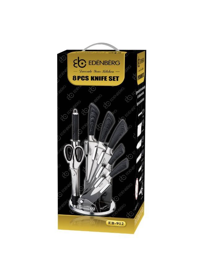 EDENBERG 8 Pcs Knife Set | Knife Set With Roating Stand | Carbon Stainless Steel Kitchen Knife Set with Sharpener- 8 Pieces, Silver-Black Color - Image 4
