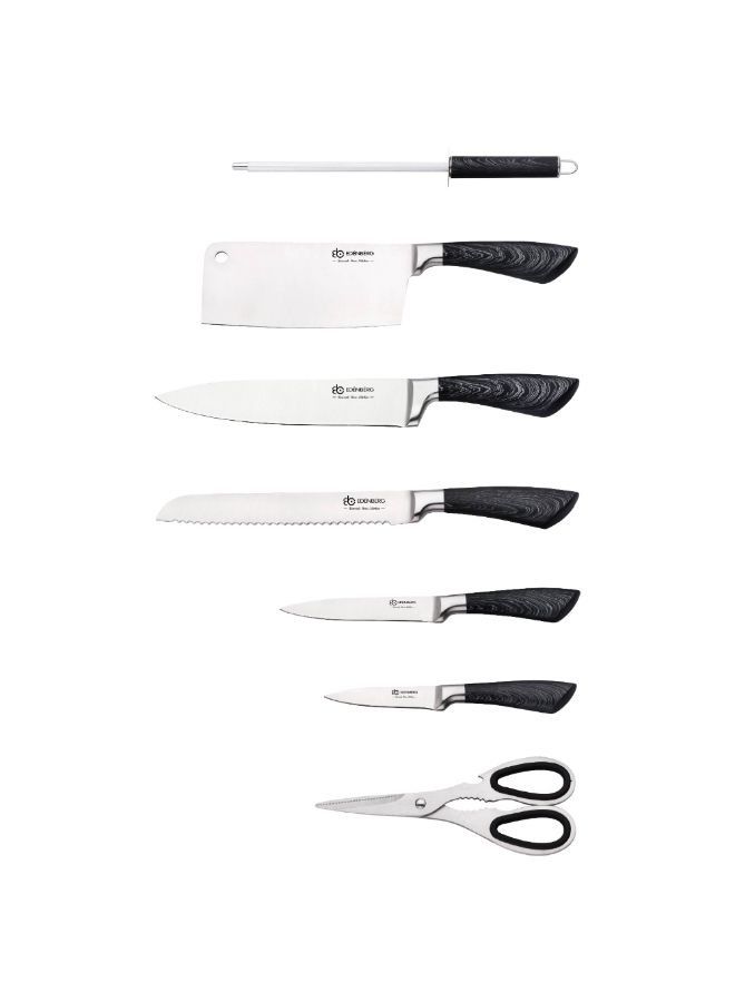 EDENBERG 8 Pcs Knife Set | Knife Set With Roating Stand | Carbon Stainless Steel Kitchen Knife Set with Sharpener- 8 Pieces, Silver-Black Color - Image 3