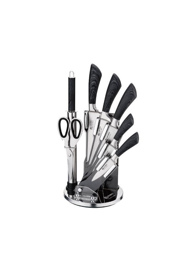 EDENBERG 8 Pcs Knife Set | Knife Set With Roating Stand | Carbon Stainless Steel Kitchen Knife Set with Sharpener- 8 Pieces, Silver-Black Color - Image 2