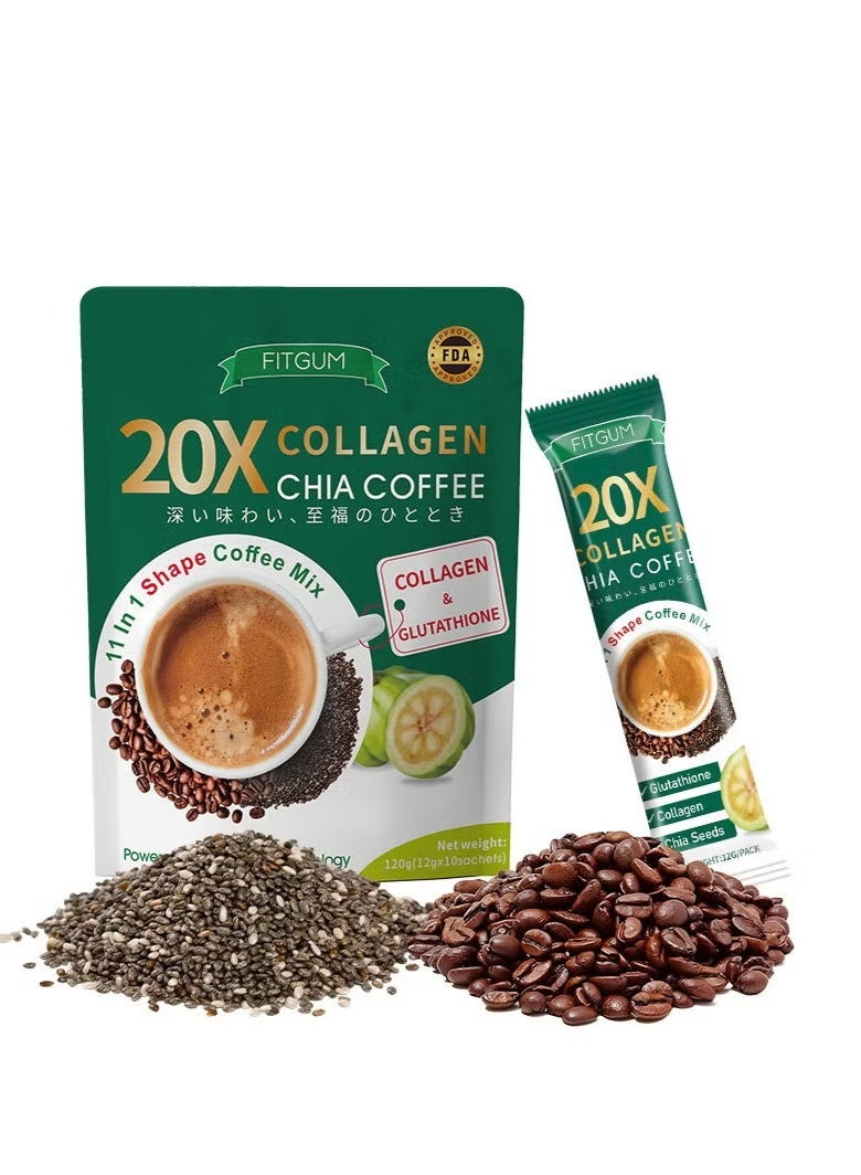 FITGUM 20X Collagen Chia Coffee – Glutathione, L-Carnitine & Multivitamin Blend with Vitamin C, Biotin & Antioxidants – Detox Collagen Coffee with Chia Seeds – 10 Sachets - Image 2