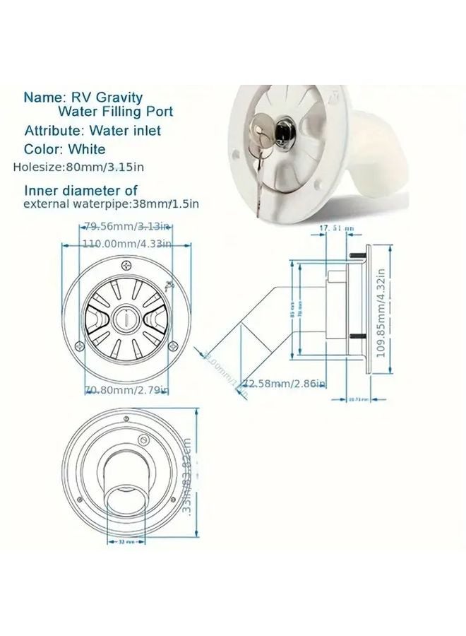 White RV Freshwater Tank Gravity Fed Filler With Locking Key And Clear View Window - Image 3
