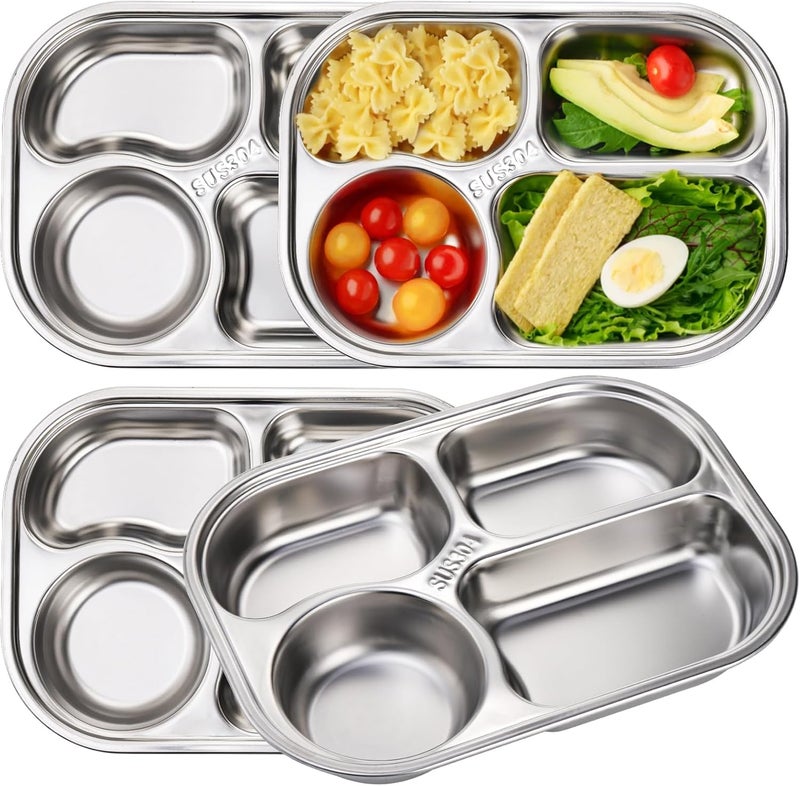 DEAYOU 4 Pack 18/10 Stainless Steel Divided Plate, Small Child Plate with 4-Compartment, Portion Control Serving Platter, Mess Food Sectioned Tray for Dinner, Lunch, Cafeteria, Kids, Adult - Image 1