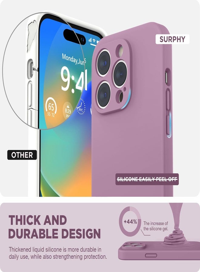 جراب SURPHY مصمم خصيصًا لهاتف iPhone 14 Pro مع واقي شاشة (حماية للكاميرا وبطانة ناعمة من الألياف الدقيقة)، مصنوع من السيليكون السائل، لون بنفسجي فاتح - Image 3