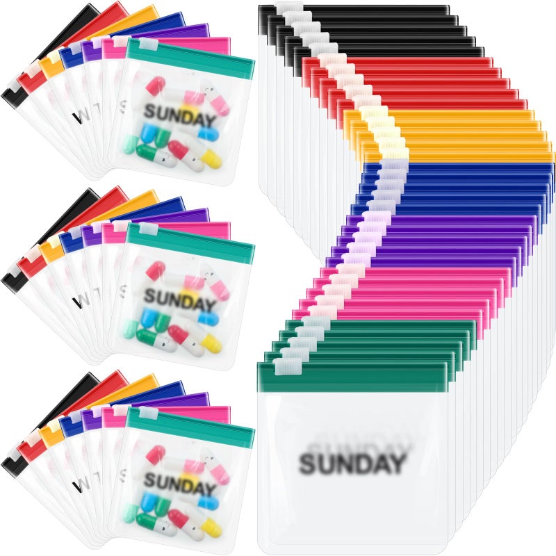 شير 35 قطعة أكياس حبوب بجيب بسحاب مجموعة أكياس حبوب قابلة لإعادة الاستخدام منظم أدوية شفاف منظم أدوية ذاتية الإغلاق أكياس بلاستيكية للسفر مع قفل منزلق للتخزين ألوان لطيفة