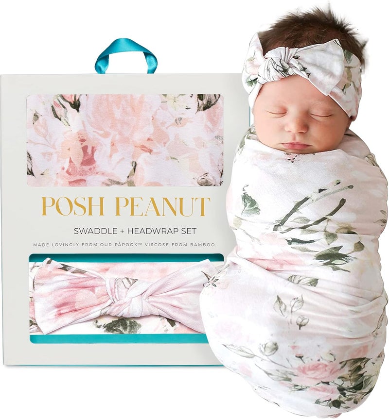 Posh Peanut Swaddle Blanket  Headband Set  Viscose from Bamboo Stretchy Baby Swaddle for Newborn Girls Receiving Blanket or Nursing Cover - Image 1