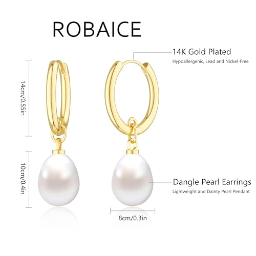 Robaice 14K Gold Plated Pearl Dangle Earrings for Women, Small Pearl Drop Huggie Hoop Earrings, Hypoallergenic Dainty Gold Wedding Earrings Jewelry Gifts for Women Trendy - Image 5