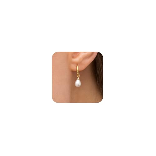 Robaice 14K Gold Plated Pearl Dangle Earrings for Women, Small Pearl Drop Huggie Hoop Earrings, Hypoallergenic Dainty Gold Wedding Earrings Jewelry Gifts for Women Trendy - Image 1