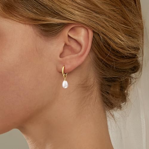Robaice 14K Gold Plated Pearl Dangle Earrings for Women, Small Pearl Drop Huggie Hoop Earrings, Hypoallergenic Dainty Gold Wedding Earrings Jewelry Gifts for Women Trendy - Image 3