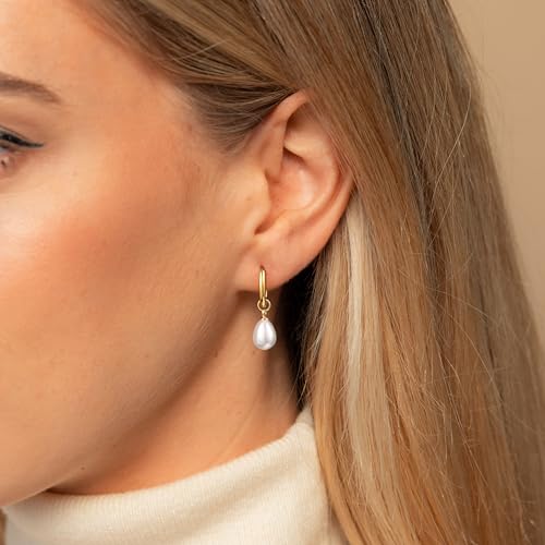 Robaice 14K Gold Plated Pearl Dangle Earrings for Women, Small Pearl Drop Huggie Hoop Earrings, Hypoallergenic Dainty Gold Wedding Earrings Jewelry Gifts for Women Trendy - Image 4