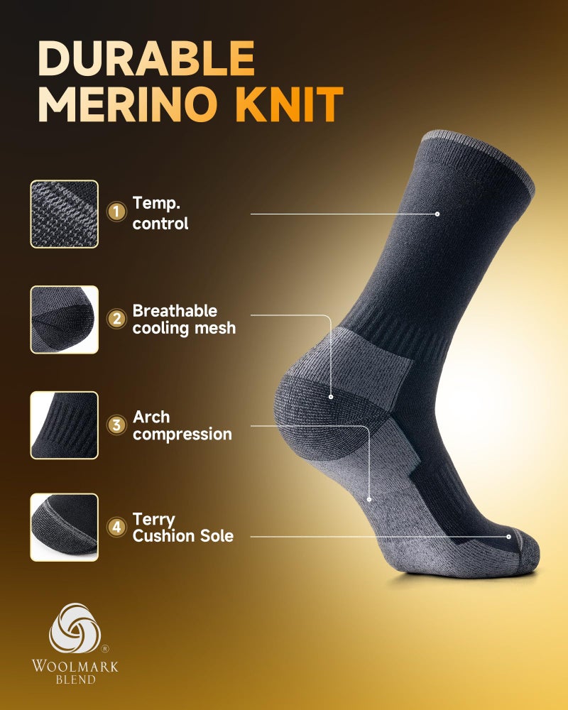 RUIXUE Merino Wool Hiking Socks for Men Women | OEKO-TEX & GRS Certified | Seamless Toe, Terry Cushioned, Odor-Resistant, Breathable Soft Stretch Thermal Warm Boot Sock - 3 Pairs,L - Image 3