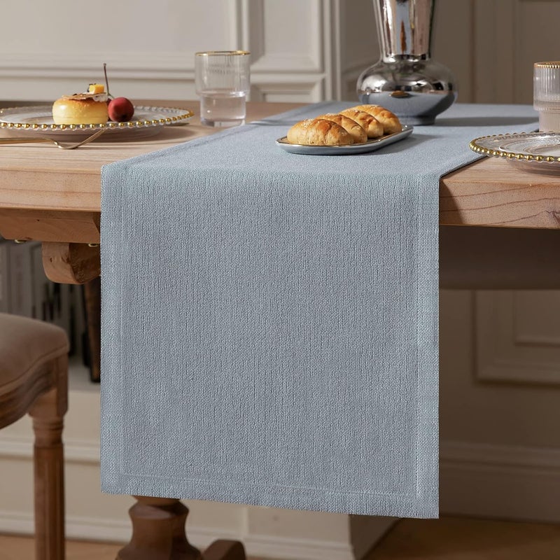 ZeeMart Burlap Style Farmhouse Table Runners 48 Inches Long, Dusty Blue Rustic Woven Dining Table Runner for Everyday Use, 14x48 Inches, Light Dusty Blue - Image 1