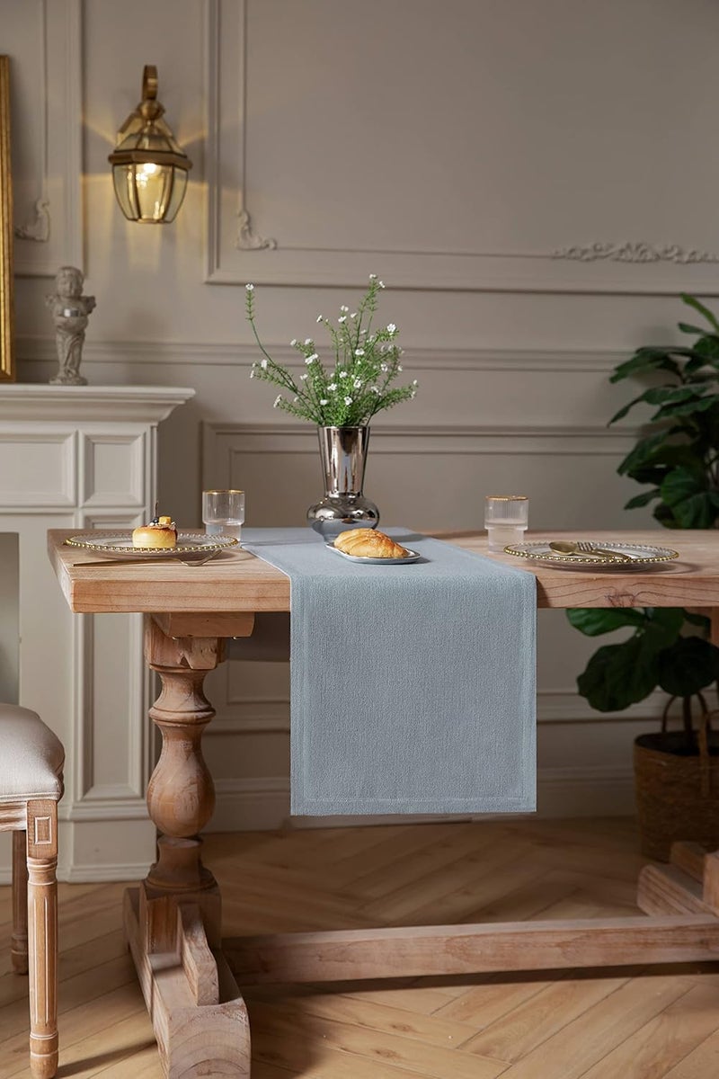 ZeeMart Burlap Style Farmhouse Table Runners 48 Inches Long, Dusty Blue Rustic Woven Dining Table Runner for Everyday Use, 14x48 Inches, Light Dusty Blue - Image 3